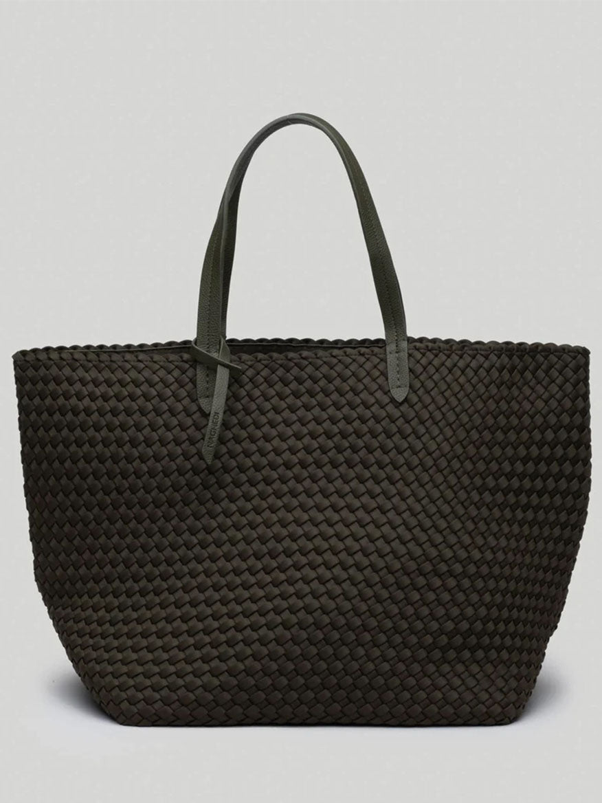 A solid olive woven oversized tote bag, featuring sporty nylon lining and two handles, set against a light gray background.