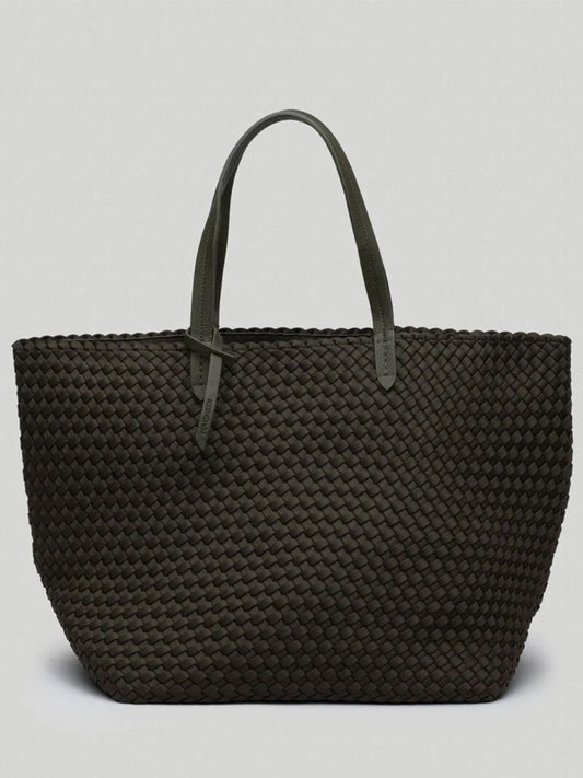 A solid olive woven oversized tote bag, featuring sporty nylon lining and two handles, set against a light gray background.