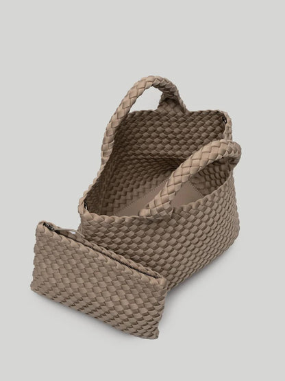 Naghedi St. Barths Small Tote in Solid Cashmere with an open top, integrated handles, and a chic crossbody strap.