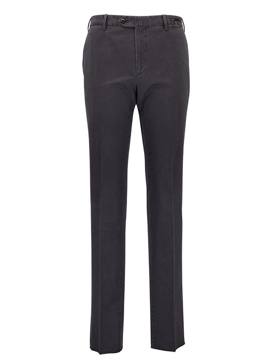 The PT01 Délavé Tricotine Stretch Trousers in grey, featuring a straight-leg design with a button closure and belt loops, showcasing a modern front rise set against a white background.