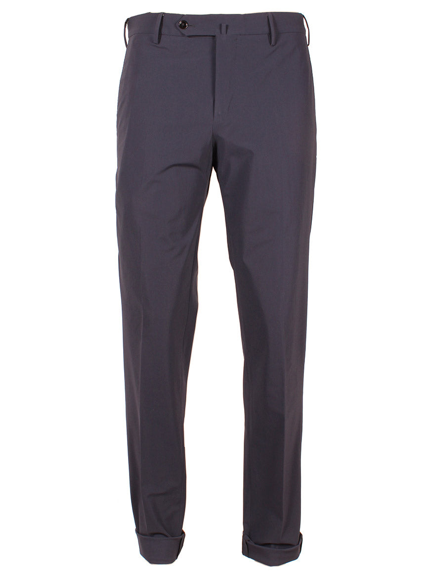 A pair of PT01 Kinetic Active Lux Trouser in Navy with a button closure and belt loops, shown against a white background.