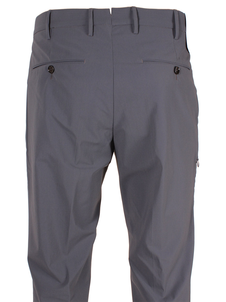 These PT01 Kinetic Active Lux Trousers in Steel Grey feature two back pockets, button closures, and belt loops, offering a perfect blend of style and functionality for dynamic men. Shown from the rear view.