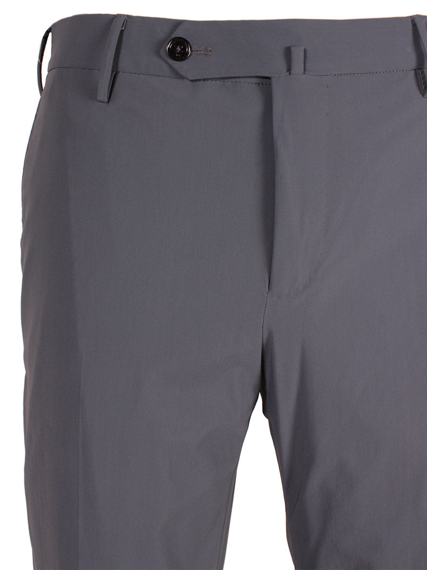 Close-up image of PT01 Kinetic Active Lux Trouser in Steel Grey featuring a button and zipper closure, perfect for dynamic men.