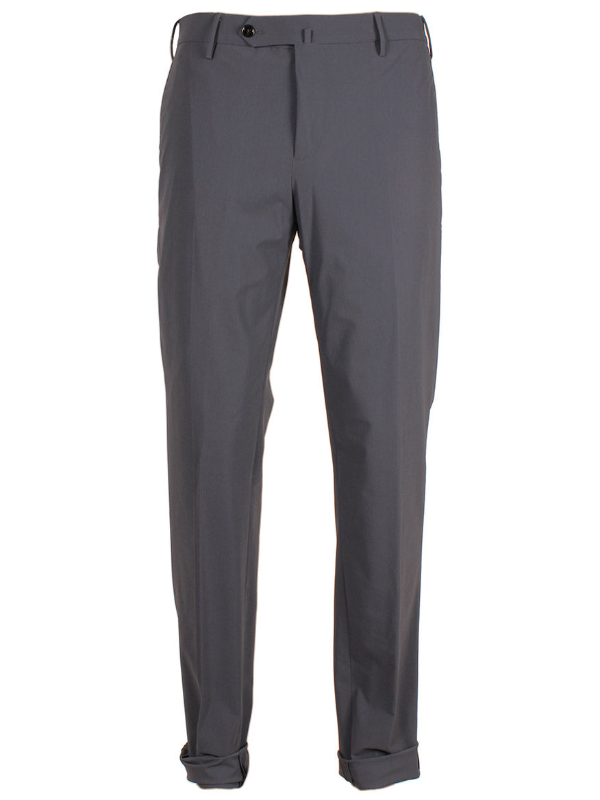 A pair of PT01 Kinetic Active Lux Trouser in Steel Grey with a button closure, belt loops, and rolled-up pant legs against a white background, perfect for dynamic men.