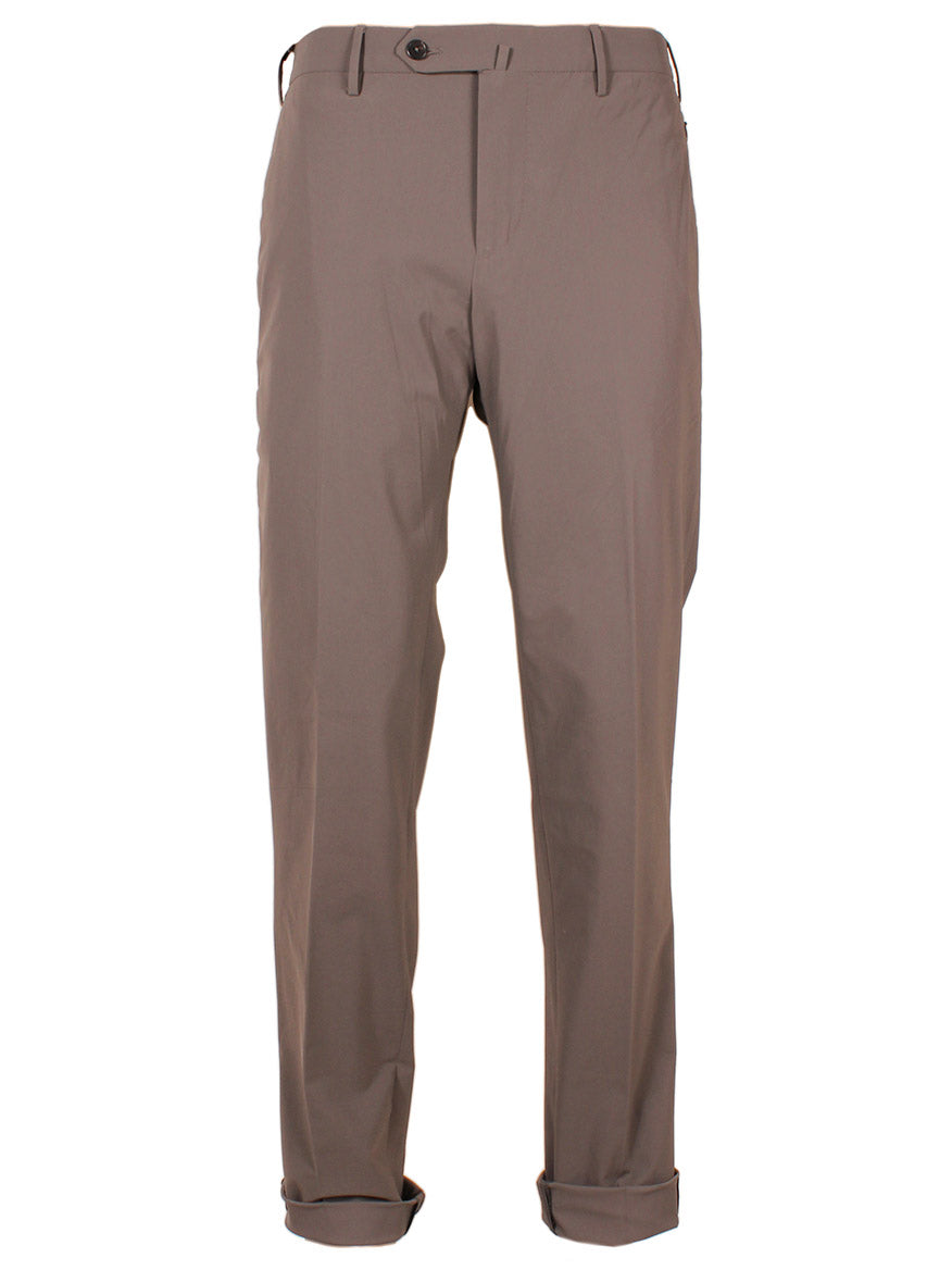 A pair of PT01 Kinetic Active Lux Trouser in Tan with a single button at the top and belt loops, shown against a white background.