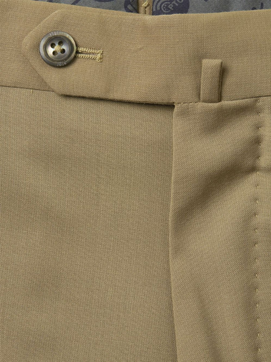 Close-up view of a pair of slim fit PT01 Travel Wool Performance Trousers in Classic Tan, showcasing the button, waistband, and belt loop details. These stylish khakis are also machine washable for your convenience.