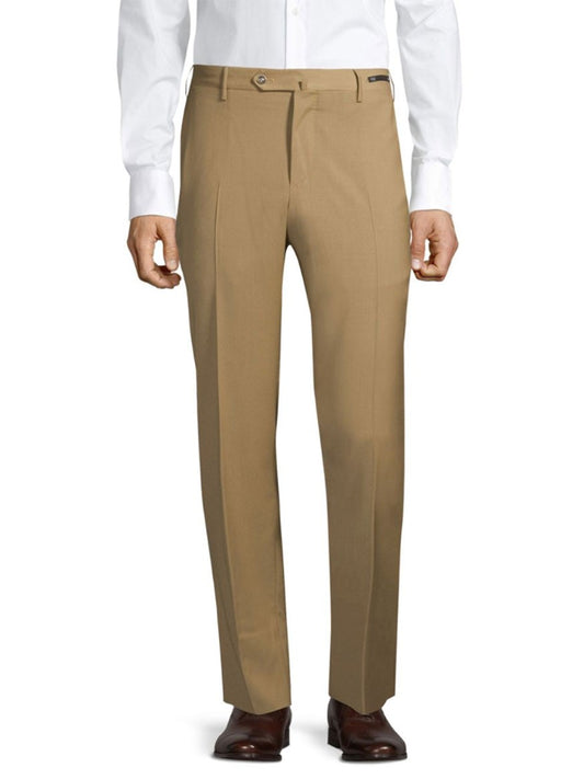 A person is wearing beige, slim fit PT01 Travel Wool Performance Trousers in Classic Tan, a white dress shirt, and dark brown shoes. The pants are flat-front with a single pleat on each leg.