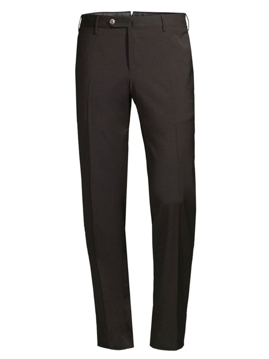 A pair of PT01 Travel Wool Performance Trousers in brown with a single button and zip closure, featuring a straight leg design and slim fit, perfect for the modern professional.