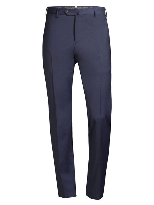 A pair of cadet blue PT01 Travel Wool Performance Trousers, slim fit formal traveler trousers with a button and zipper closure, belt loops, and front pockets, displayed against a white background. These trousers are machine washable for easy care.