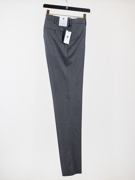 An elegant PT01 Estrato 120s Lux Wool Twill Trouser in Tan Melange hanging on a hanger, crafted from Italian natural stretch fabric for maximum comfort.
