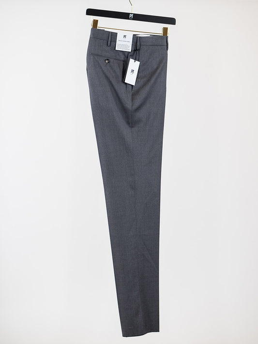 A PT01 Estrato 120s Lux Wool Twill Trouser in Mid Grey Melange made from an Italian natural stretch fabric, offering maximum comfort and elegance, hanging on a hanger.