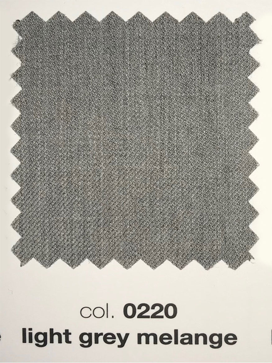 A fabric swatch labeled "col. 0220 light grey melange" displayed on an off-white background with pinked edges. The fabric, used for PT01 Estrato 120s Lux Wool Twill Trousers in Light Grey Melange, features a subtle grey texture and is crafted from Italian natural stretch fabric for comfort.