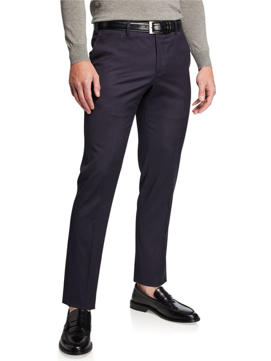 A person wearing PT01 Estrato 120s Lux Wool Twill Trousers in Navy, a grey long-sleeve shirt, a black belt, and black dress shoes, standing with hands by their sides.