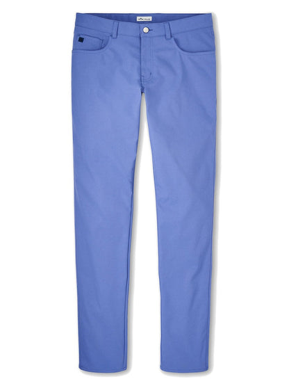 The men's Peter Millar eb66 Performance Five-Pocket Pant in Port Blue with technical features.