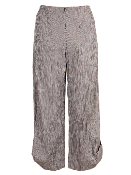 Pair of travel-friendly Porto Strada Casual Pant in Zinc Stripe, grey textured pants isolated on a white background.