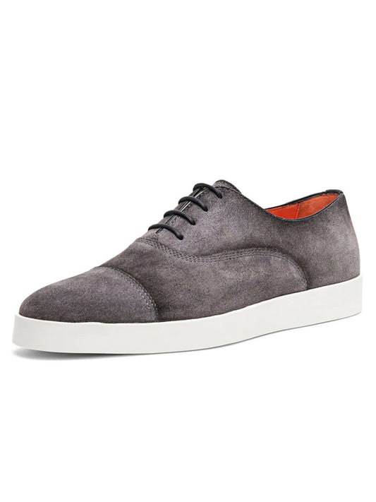 Men's Santoni Behemoth Captoe Sneakers in Grey Suede with white sole and contrasting red interior.