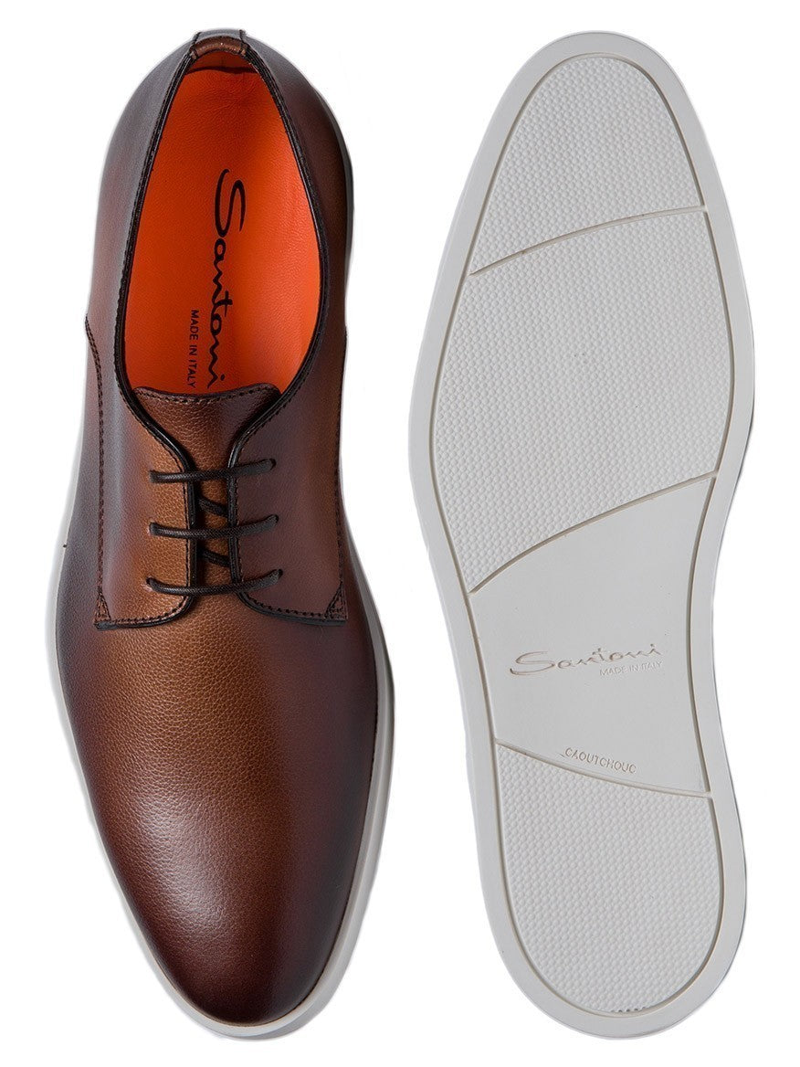 Two brown leather Santoni Dilate Leather Oxford in Dark Brown shoes with white soles, one shown from the top and the other from the bottom, displaying the brand "Santoni" and the phrase "Made in Italy" inside and on the sole.