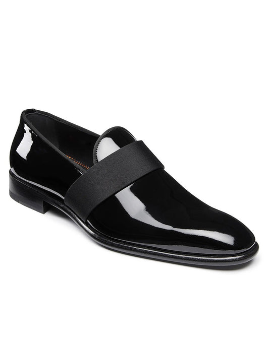 A Santoni Isomer Formal Slip-On in Black Patent with a low heel and a broad grosgrain strap across the top.