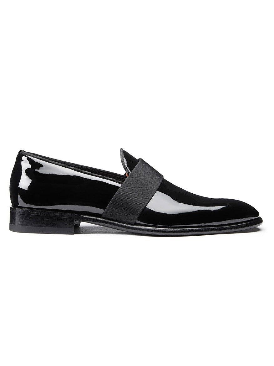A Santoni Isomer Formal Slip-On in Black Patent loafer crafted from patent leather, featuring a sleek grosgrain strap across the upper and a low heel.