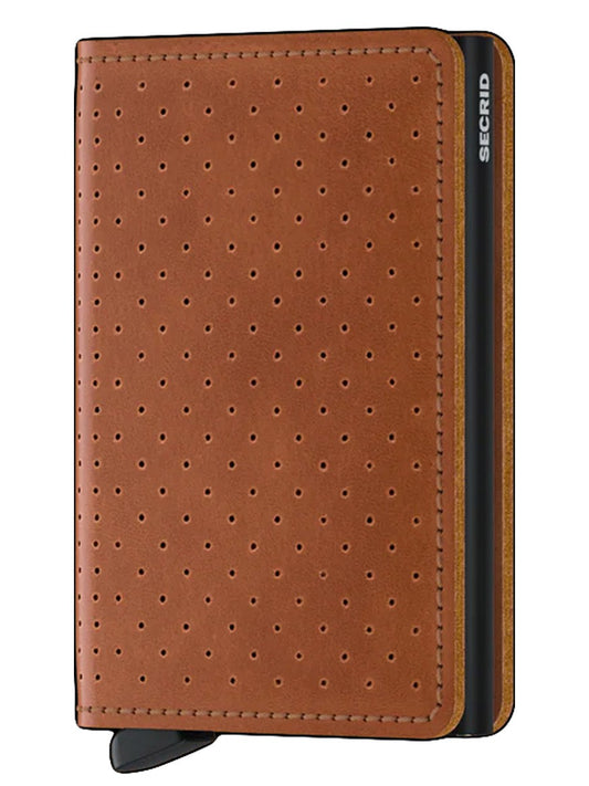 Secrid Slimwallet Perforated in Cognac with black and yellow trim and RFID protection.