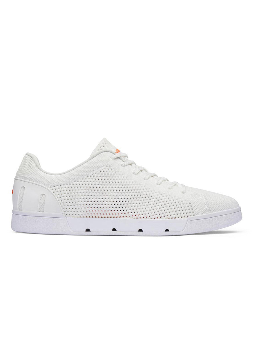 Swims Breeze Tennis Knit in White with a perforated, breathable upper design, lace-up closure, and a lightweight white sole.