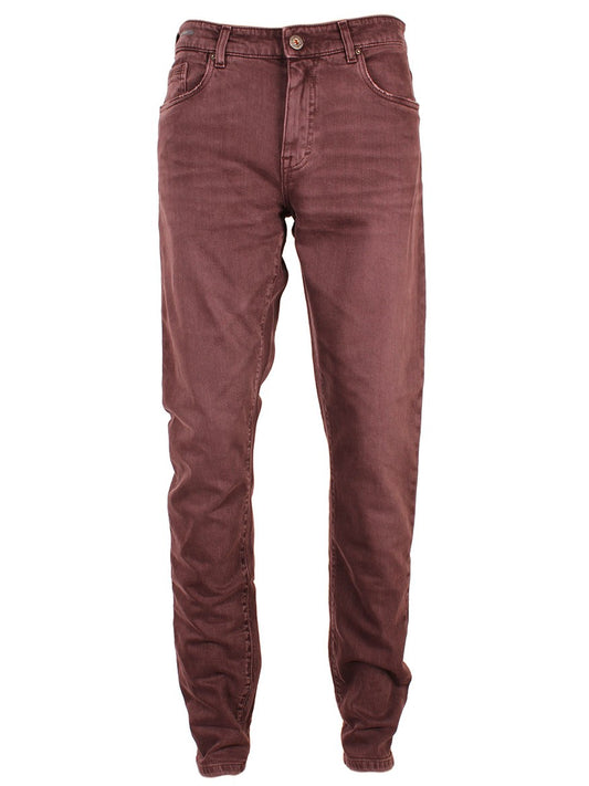 Pair of burgundy Teleria Zed Cobra Selvedge Stretch Denim in Mosto pants isolated on a white background.