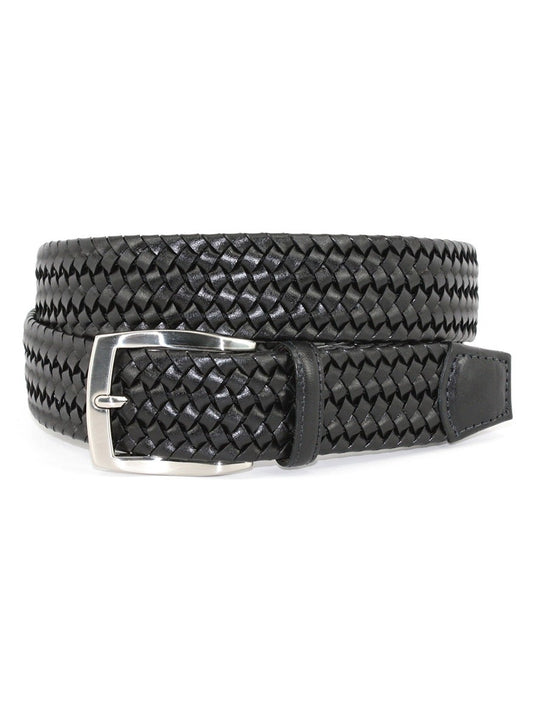 Torino Leather Italian Woven Stretch Leather Belt in Black with a silver buckle.