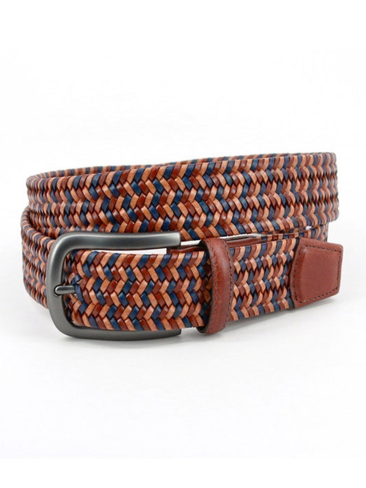 Torino Leather Italian Mini-Strand Woven Stretch Leather Belt in Tan Multi with a metal buckle against a white background.