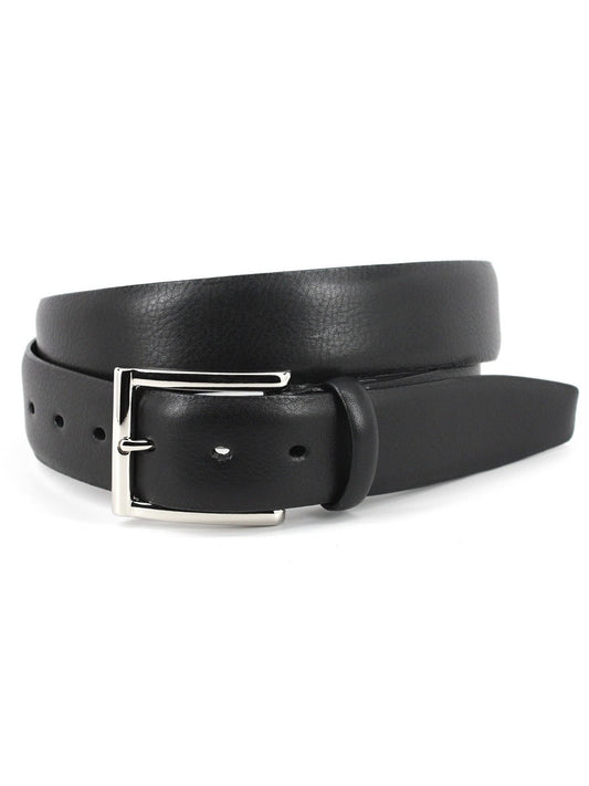 Torino Leather Italian Glazed Milled Calfskin Belt in Black with a polished nickel buckle.
