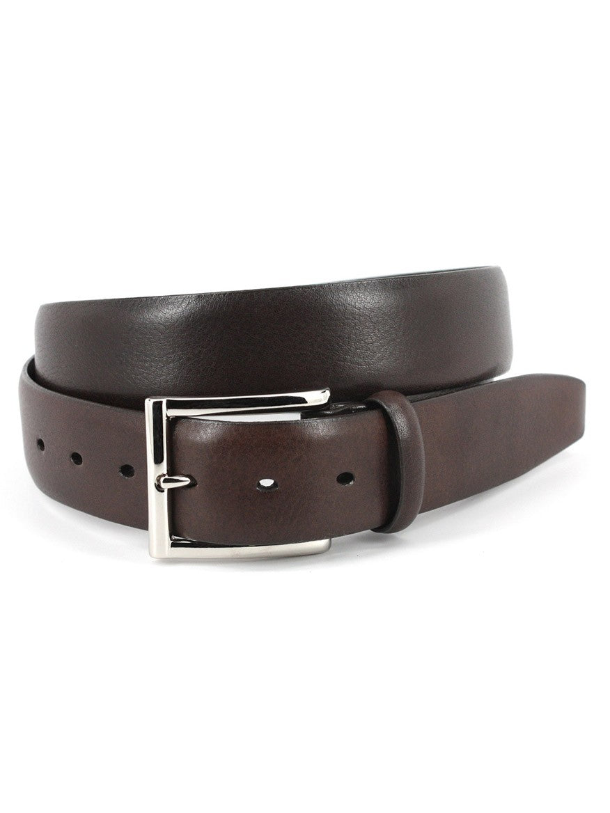 A coiled Torino Leather Italian Glazed Milled Calfskin Belt in Brown, featuring a polished nickel buckle and multiple adjustment holes.