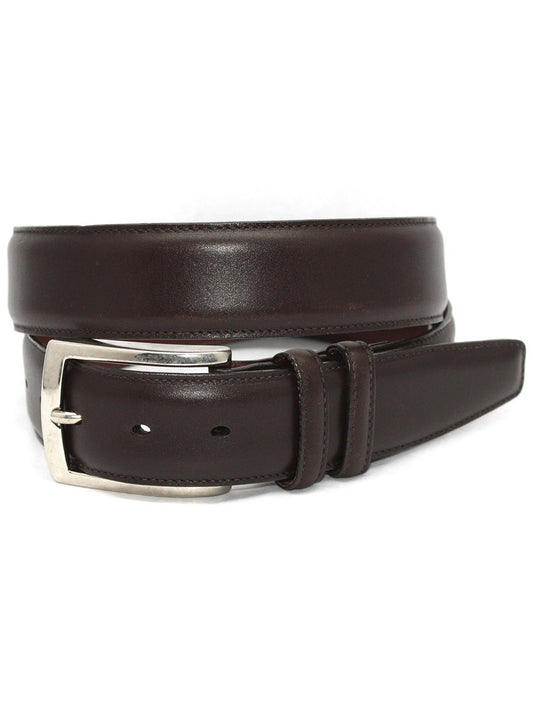 A Torino Leather Italian Burnished Calfskin Belt in Brown with a silver buckle.
