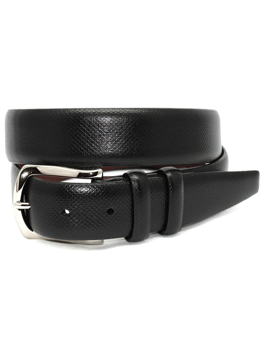 Torino Leather Italian Bulgaro Calfskin Belt in Black with a silver buckle, coiled on a white background. Made in USA.