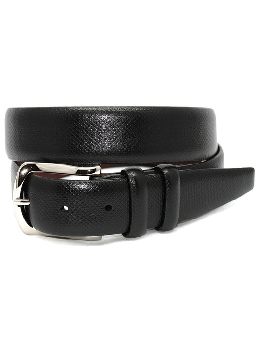 Torino Leather Italian Bulgaro Calfskin Belt in Black with a silver buckle, coiled on a white background. Made in USA.