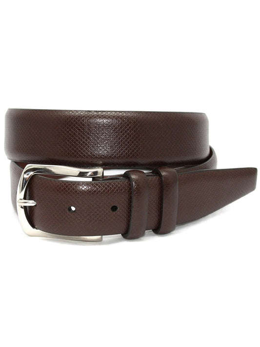 Torino Leather Italian Bulgaro Calfskin Belt in Brown with a silver buckle on a white background.