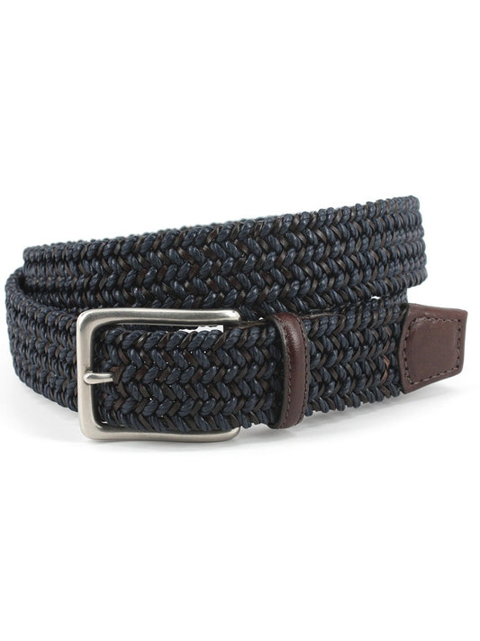 Torino Leather Italian Woven Cotton & Leather Belt in Navy/Brown with a matte nickel-finished buckle and leather details.