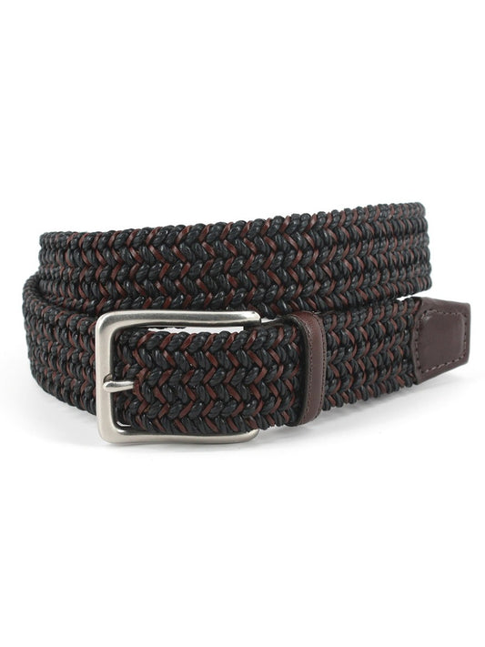 A coiled Torino Leather Italian Woven Cotton & Leather Belt in Black/Brown with a silver buckle and Italian fabric accents.