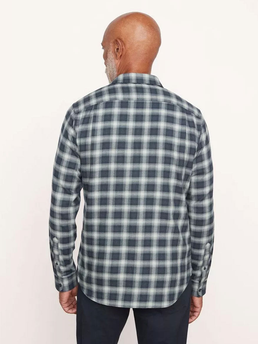 A bald man with a gray beard is shown from the back, wearing a Vince Glen Oak Plaid Long Sleeve Shirt in Deep Seaweed.