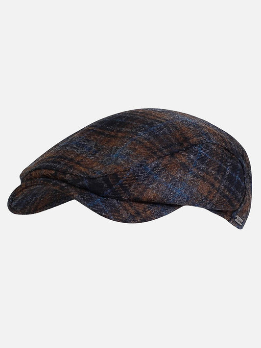 Wigéns Ivy Contemporary Cap in Brown Tartan with a textured checked wool design in blue and brown.