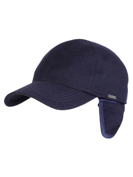 Navy blue Wigéns Baseball Classic Cap with Earflaps on a white background.