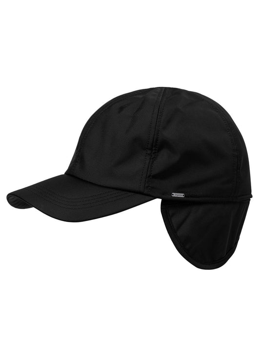 A Wigéns Baseball Classic Cap in Sport Twill with Earflaps in Black on a white background.