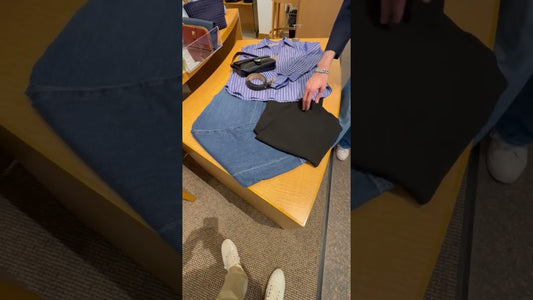 Title:
The Perfect Pairing: Vince's Stylish Blue Striped Shirt and Wide-Leg Black Pants