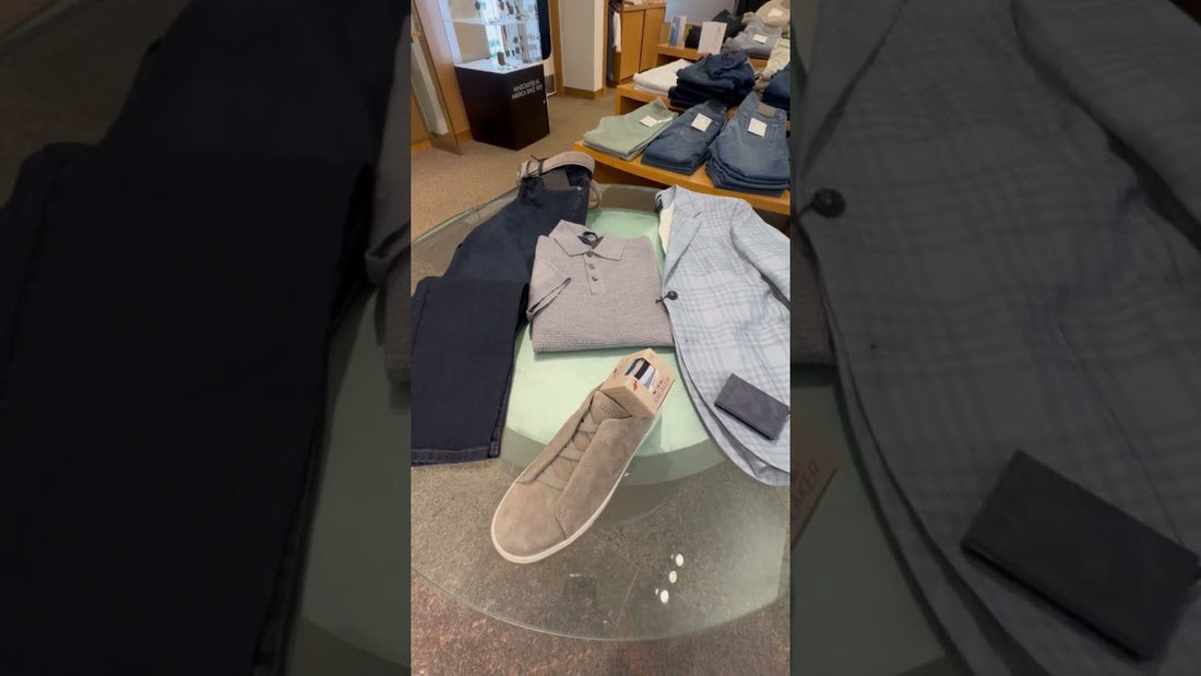 Title:
Michelle's Stylish Outfit: Zegna Light Blue Sport Coat and Jean Combo