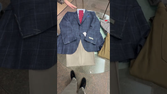 Get the Look: Stylish Canali Blue Jacket, Eton Light Blue Shirt, and Dior Red Print Tie at Larrimor’s in Pittsburgh