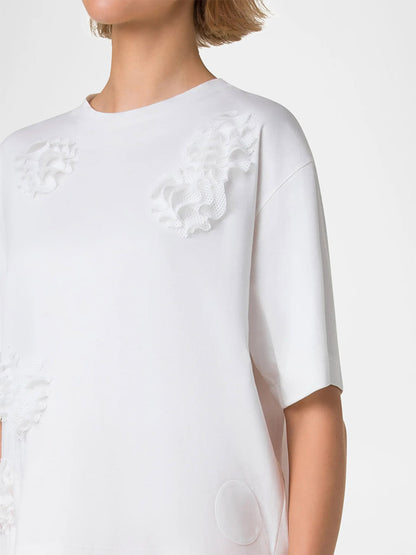 Akris Punto Short Sleeve Crew with 3D Carnation in Cream