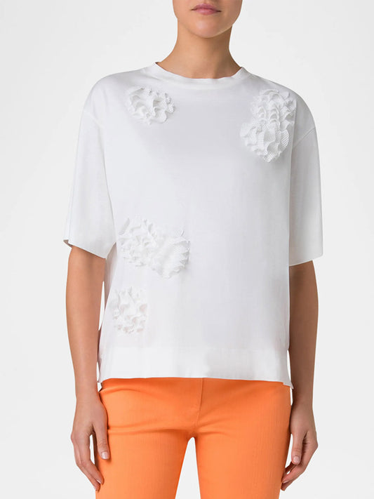 Akris Punto Short Sleeve Crew with 3D Carnation in Cream