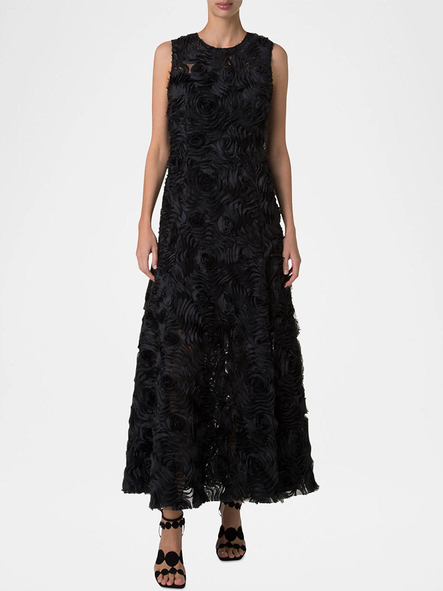 Akris Punto Sleeveless Mixed Media 3D Carnation Midi Dress in Black