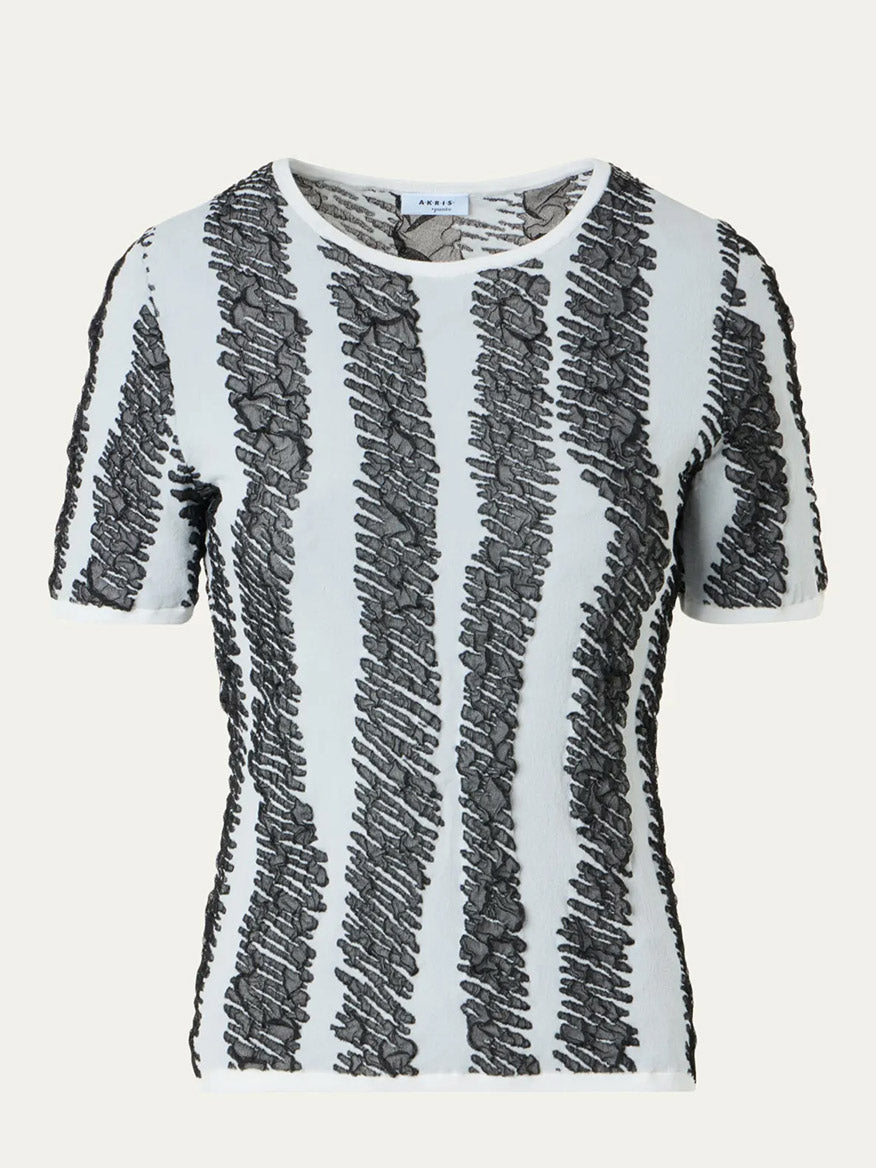 Akris Punto 3D Scribble Jacquard Knit Sweater in Cream/Black features short sleeves, vertical black textured stripes, and a round neckline, displayed on a plain background.