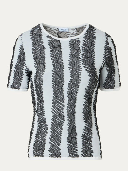 Akris Punto 3D Scribble Jacquard Knit Sweater in Cream/Black features short sleeves, vertical black textured stripes, and a round neckline, displayed on a plain background.