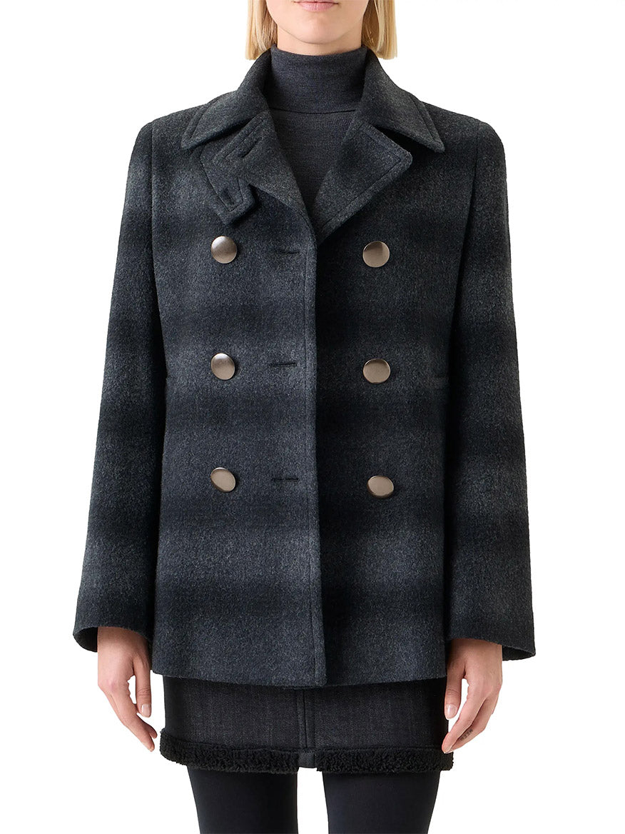 A person is wearing an Akris Punto Blurred Check Wool Pea Coat in Charcoal/Black, styled with a turtleneck sweater and a skirt. Only the torso and upper legs are visible.