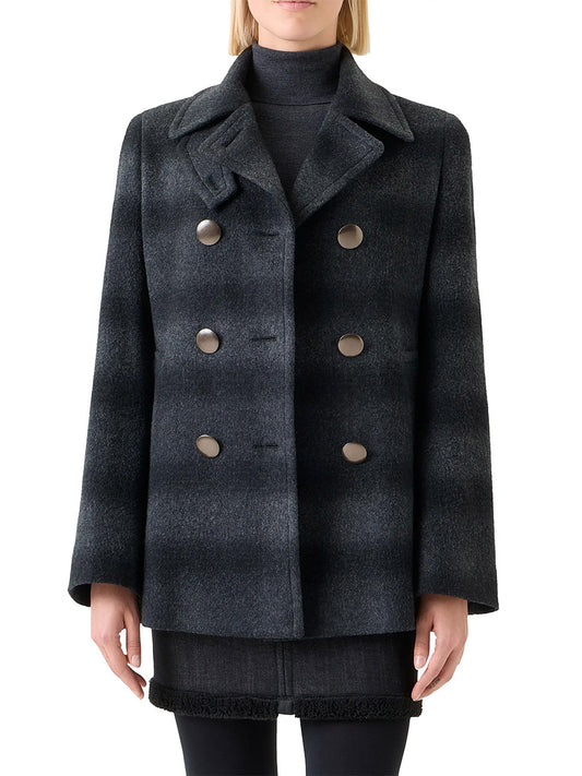 A person is wearing an Akris Punto Blurred Check Wool Pea Coat in Charcoal/Black, styled with a turtleneck sweater and a skirt. Only the torso and upper legs are visible.